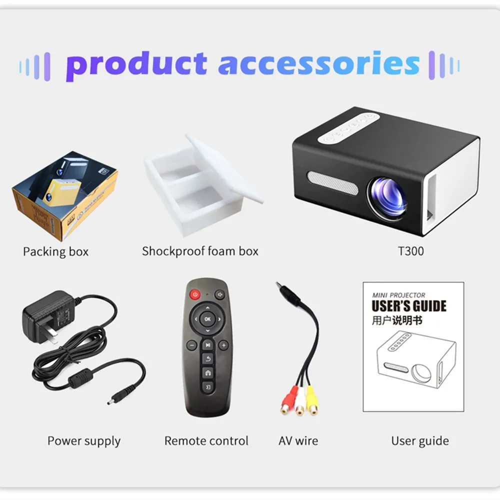 

BUIANUWOD T300 LED Mini Projector 640x480 Pixels Supports 1080P HDMI USB Audio Portable Projector Home Media Video Player