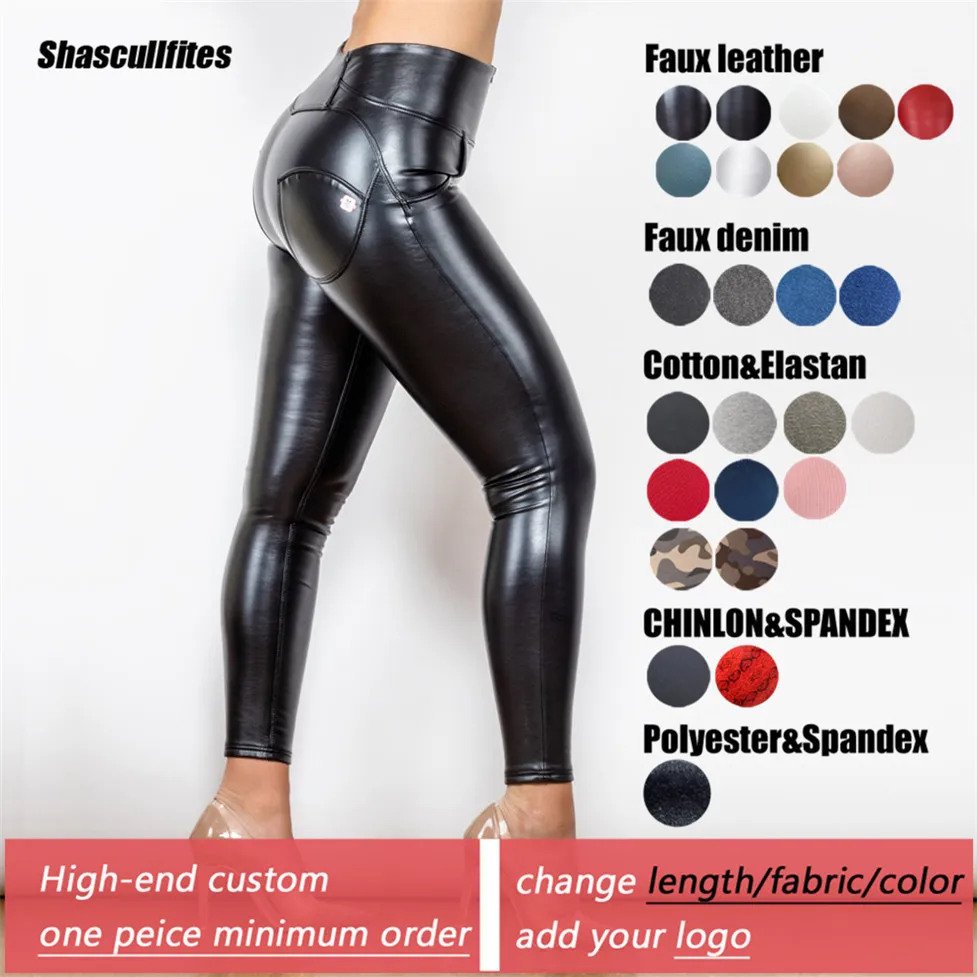 Shascullfites Tailored High Waisted Faux Leather Pants Shiny Leather Thermal Push Up Logo Custom Pants