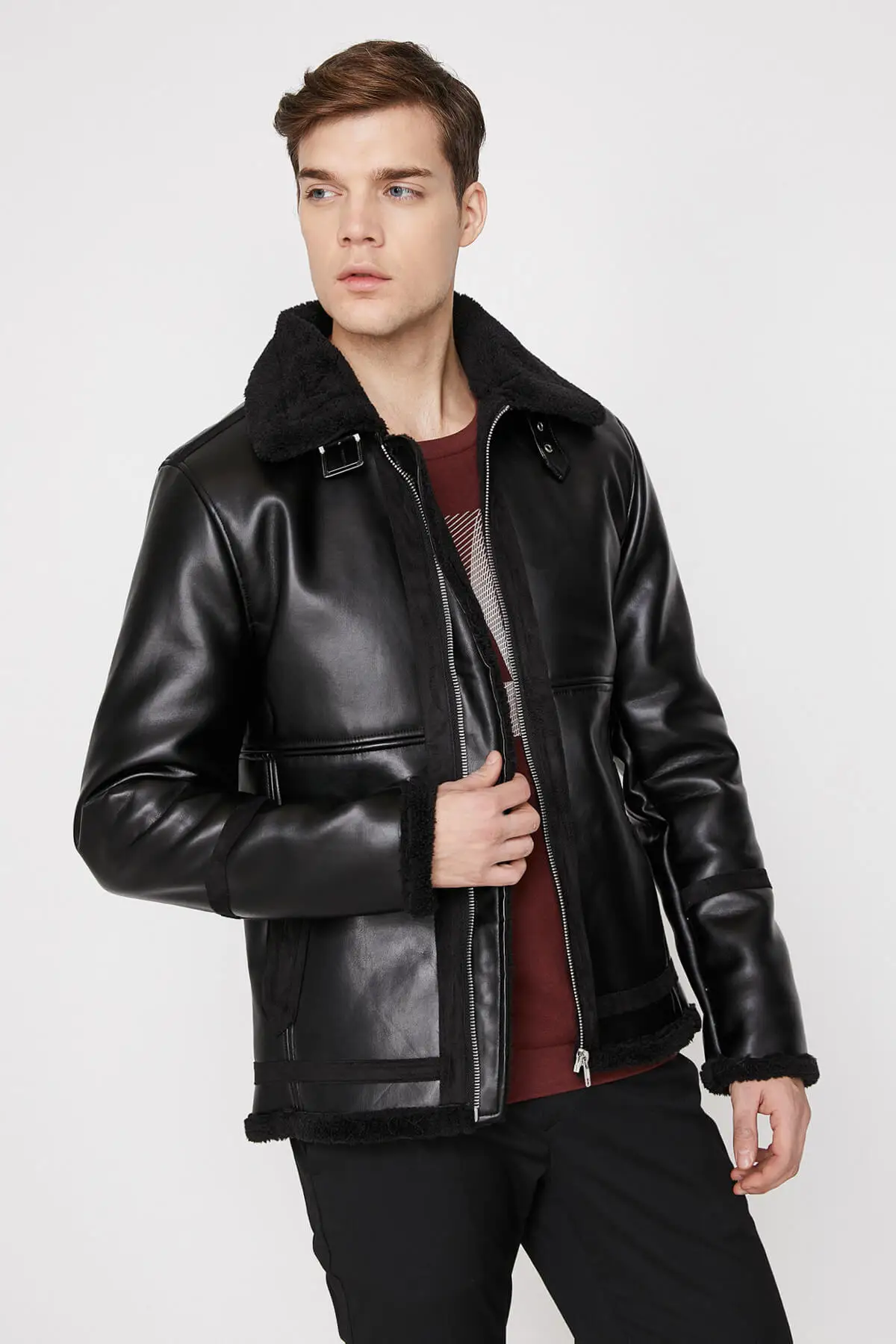 Koton мужское черное кожаное пальто 9 KAM24143OW|Мужские куртки| |