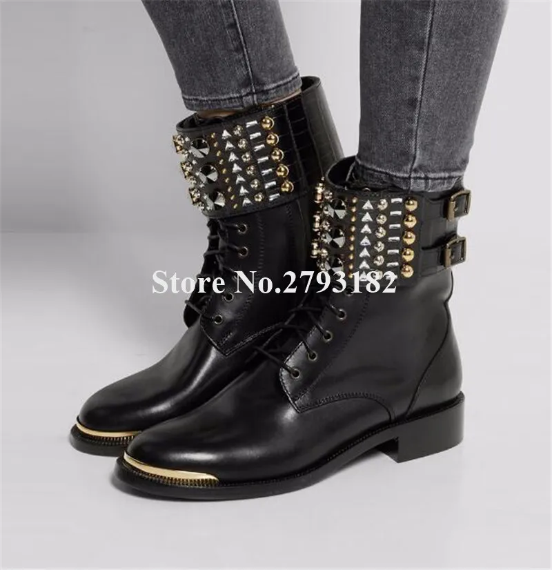 

Autumn Women Fashion Round Metal Toe Flat Rivet Short Boots Lace-up Buckles Ankle Wrap Spike Black Ankle Booties Motorcycle Boot