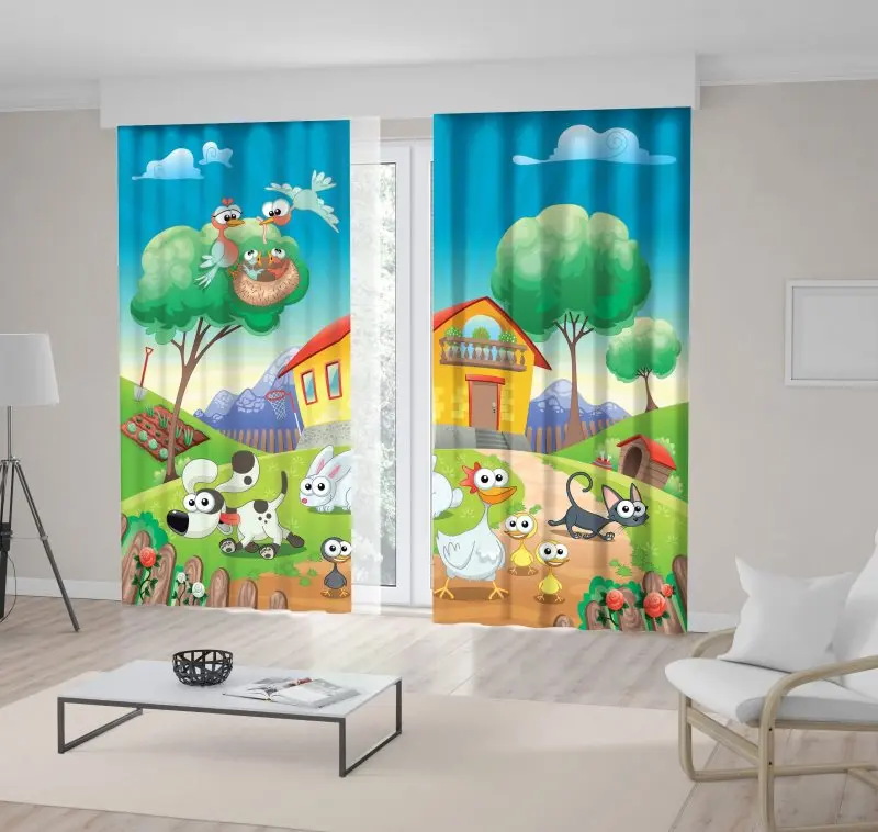 

Curtain Cartoon Dog Cat Chicken Home with Animals Fun Illustration Blue Green Yellow