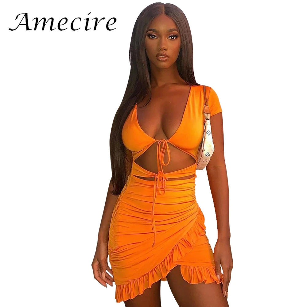 

Элегантное оранжевое мини-платье Amecire с регулируемой передней частью для женщин, винтажная одежда, уличная одежда, вечерние повседневные на...