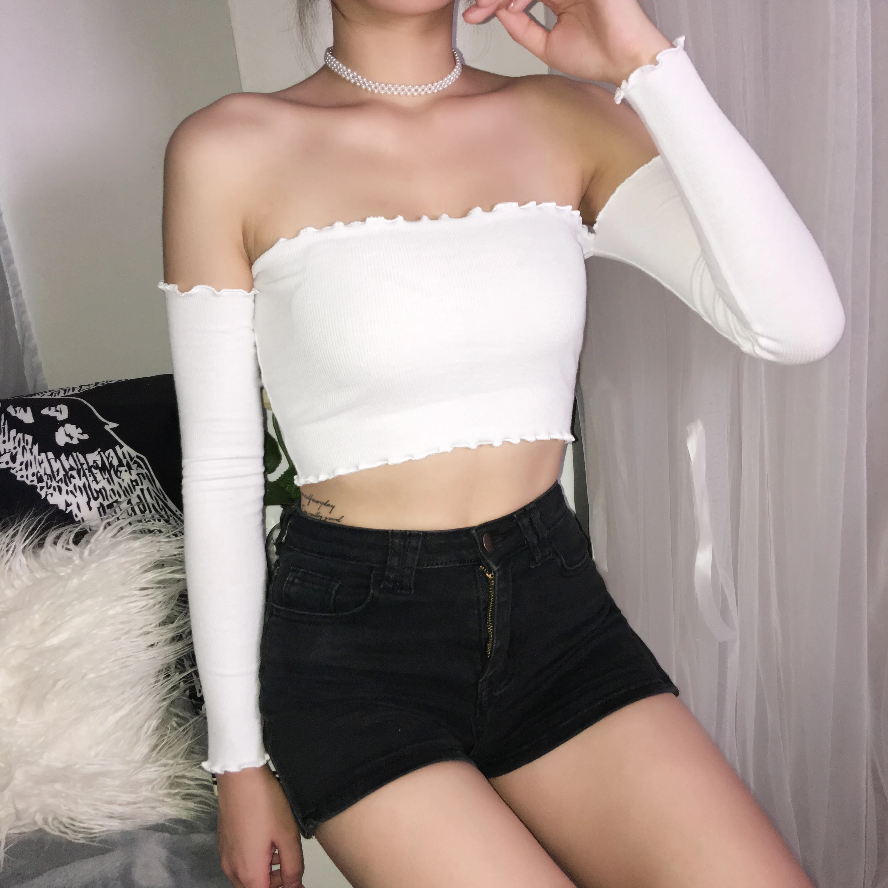 Женский сексуальный топ с открытыми плечами вязанный Бандаж длинным рукавом