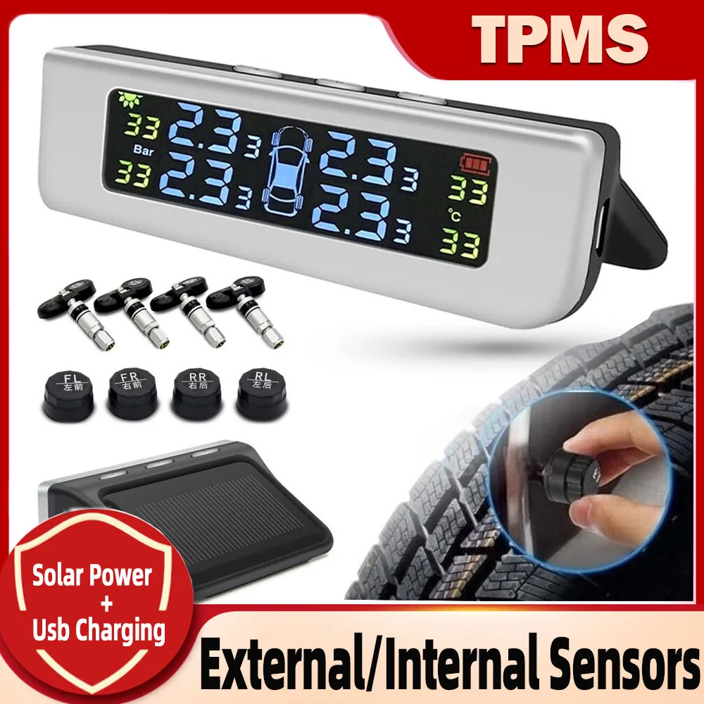 

Smart Car Tpms Tire Pressure Monitoring System With Solar Power + Usb Dual Charging Mode Lcd Display Auto Security Sensor