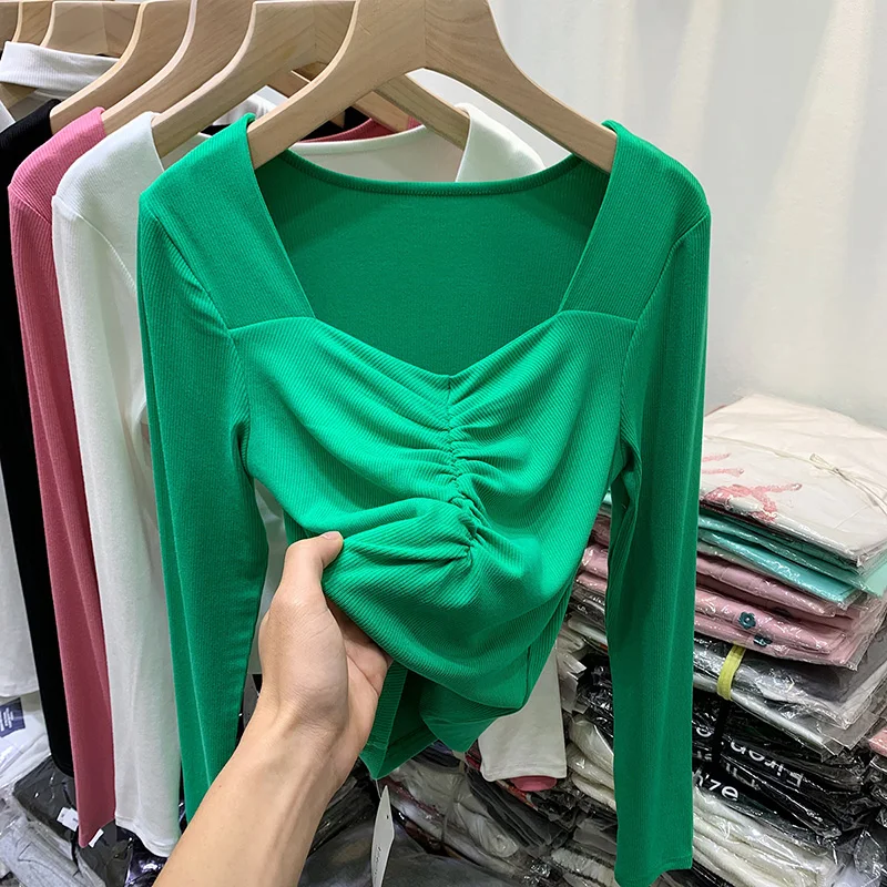 

Female T-Shirt Knitted Top Shirt Strap Poleras Mujer De Moda 2022 Spring Polera Casual Sexy V-Neck Folds Korean Style Women