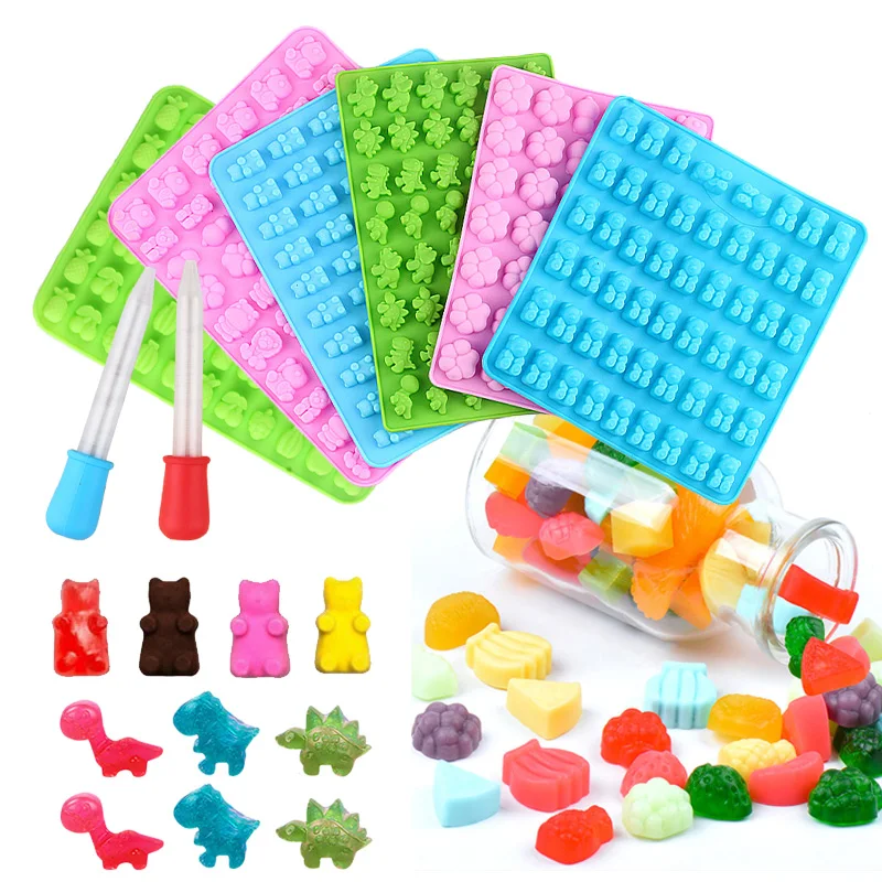 

42 Cavity Mini Cat Paw Fruit Dinosaur Bear Gummy Silicone Molds Jelly Candy Chocolate Moulds Cake Decorating Tools With Dropper