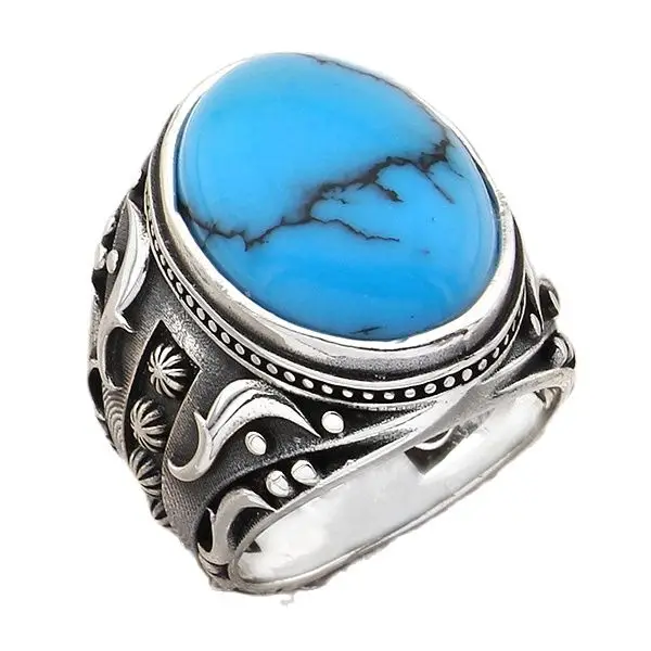 

925 пробы Серебряное мужское кольцо с овальным голубым бирюзовым необработанным камнем с готическим дизайном, ювелирные изделия, подарок от...