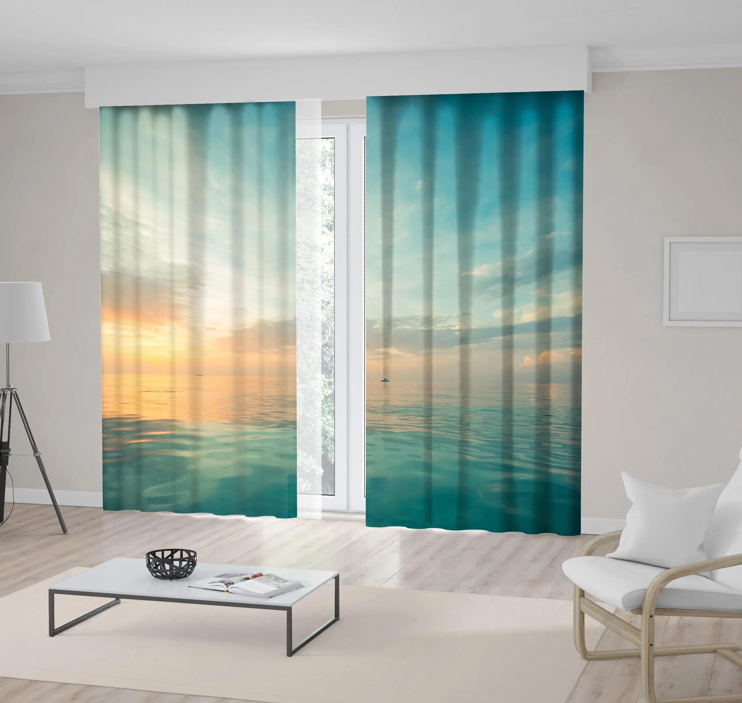 

Curtain Relaxing Seascape with Wide Horizon Sky and Sea Scenic View at Sunset Blue Yellow