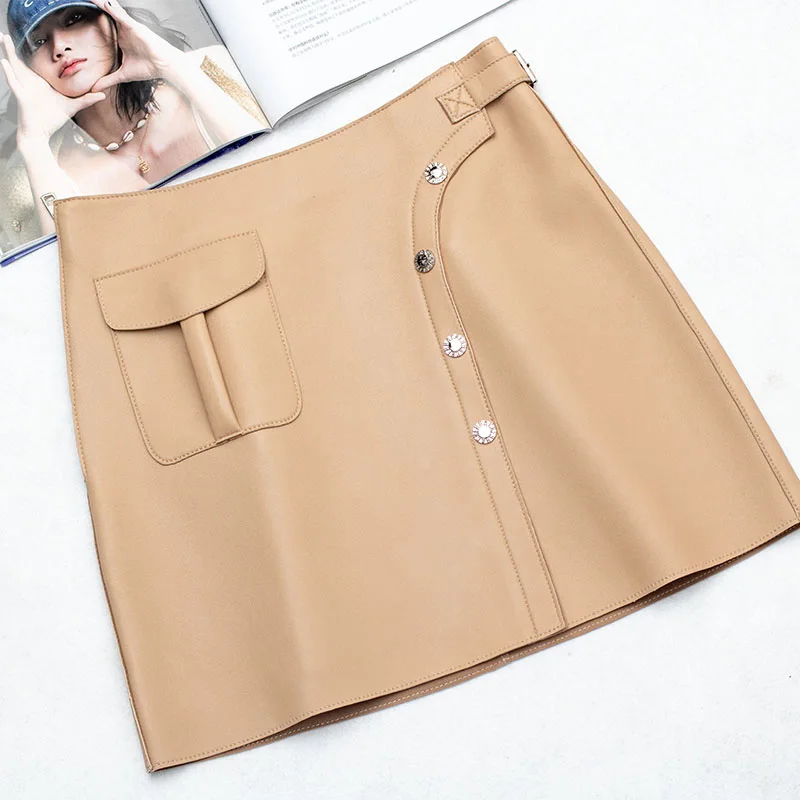 New Lady Fashion Short Pants Stretch Waist Women's Autumn Luxury Genuine Sheepskin Leather Shorts Streetstyle SY3977