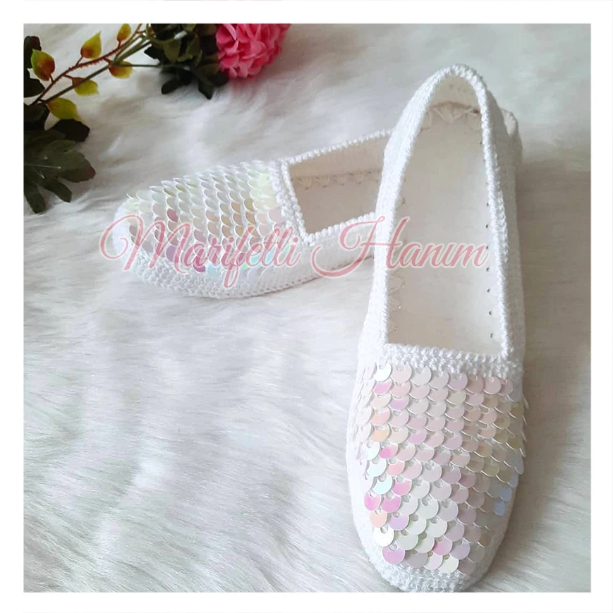 

Handmade House Slippers with Sequins Women White Slipper