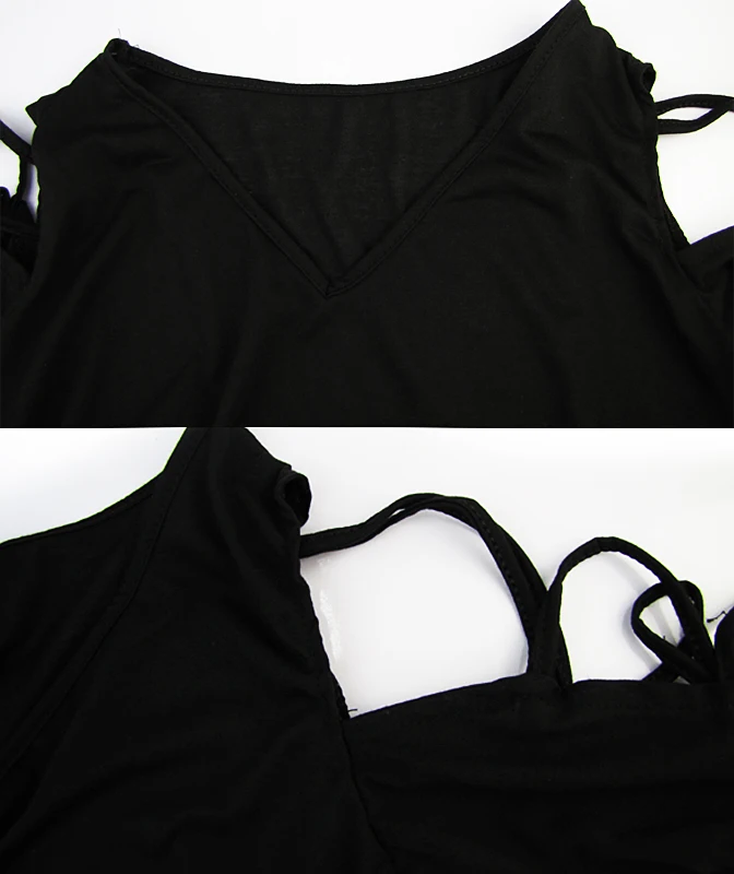 

Summer Sexy Hollow Out Shirt Women Deep V Neck Cross Strap Long Sleeve Split T-Shirt Fashion Loose Casual Vintage Black Tops Tee
