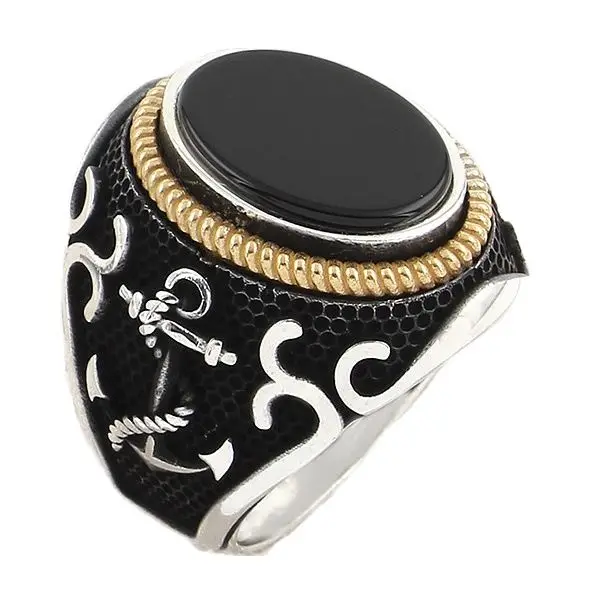 

925 Sterling Silver Men's Ring with Oval Black Onyx Natural Gemstone with Anchor Design Jewelry Gift for Father for Husband