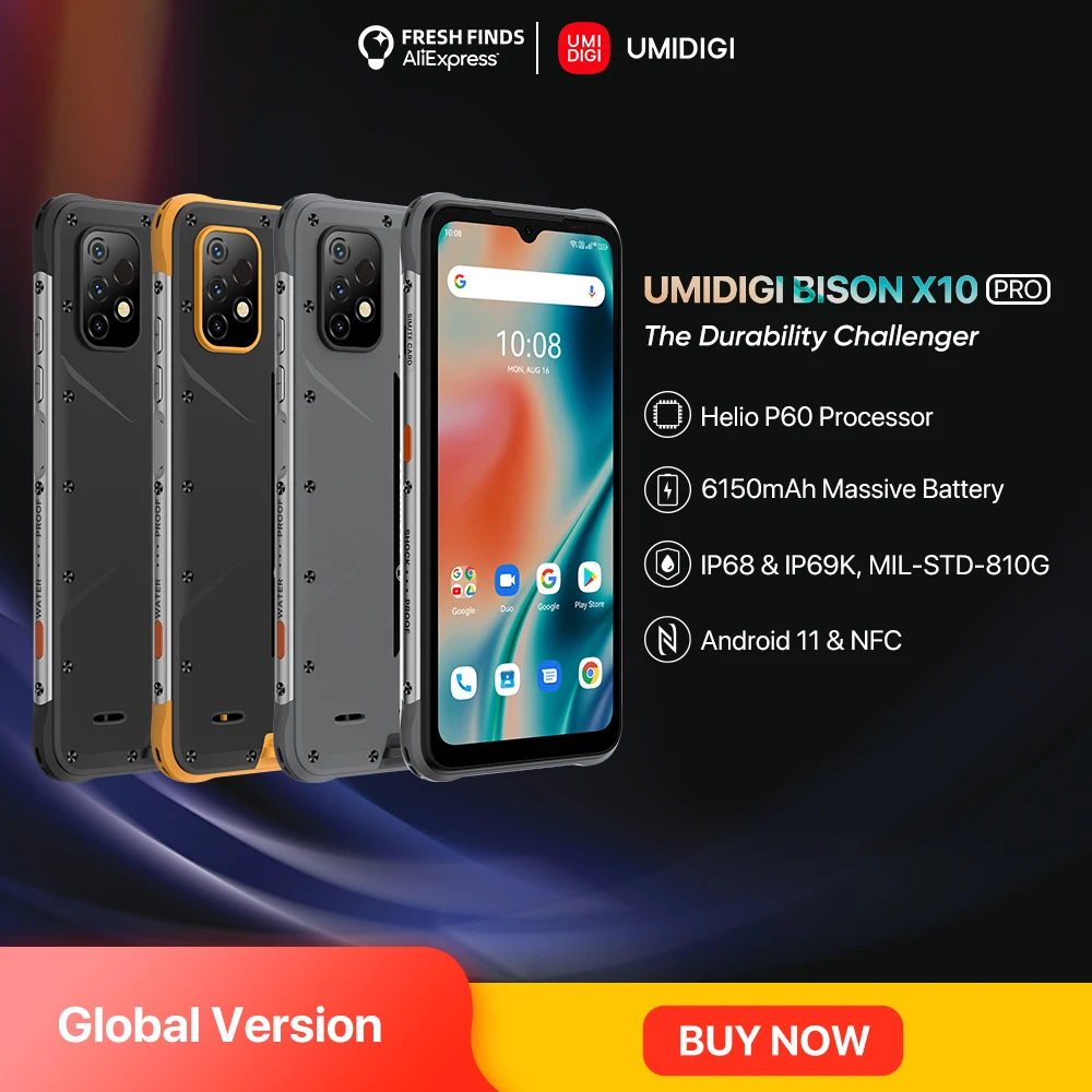 UMIDIGI BISON X10 Pro IP68 & IP69K Global Version Smartphone NFC 4GB 12GB Helio P60 Octa Core 6.53" 20MP Triple Camera 6150mAh