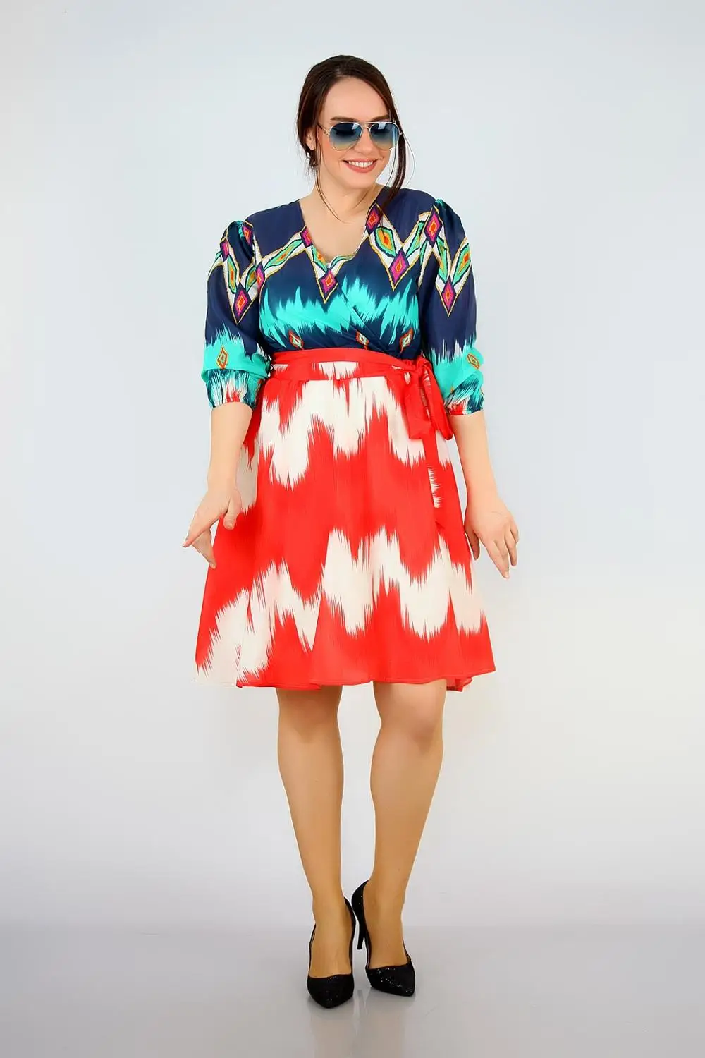 Женское шифоновое платье большого размера с рукавом три четверти кораллового