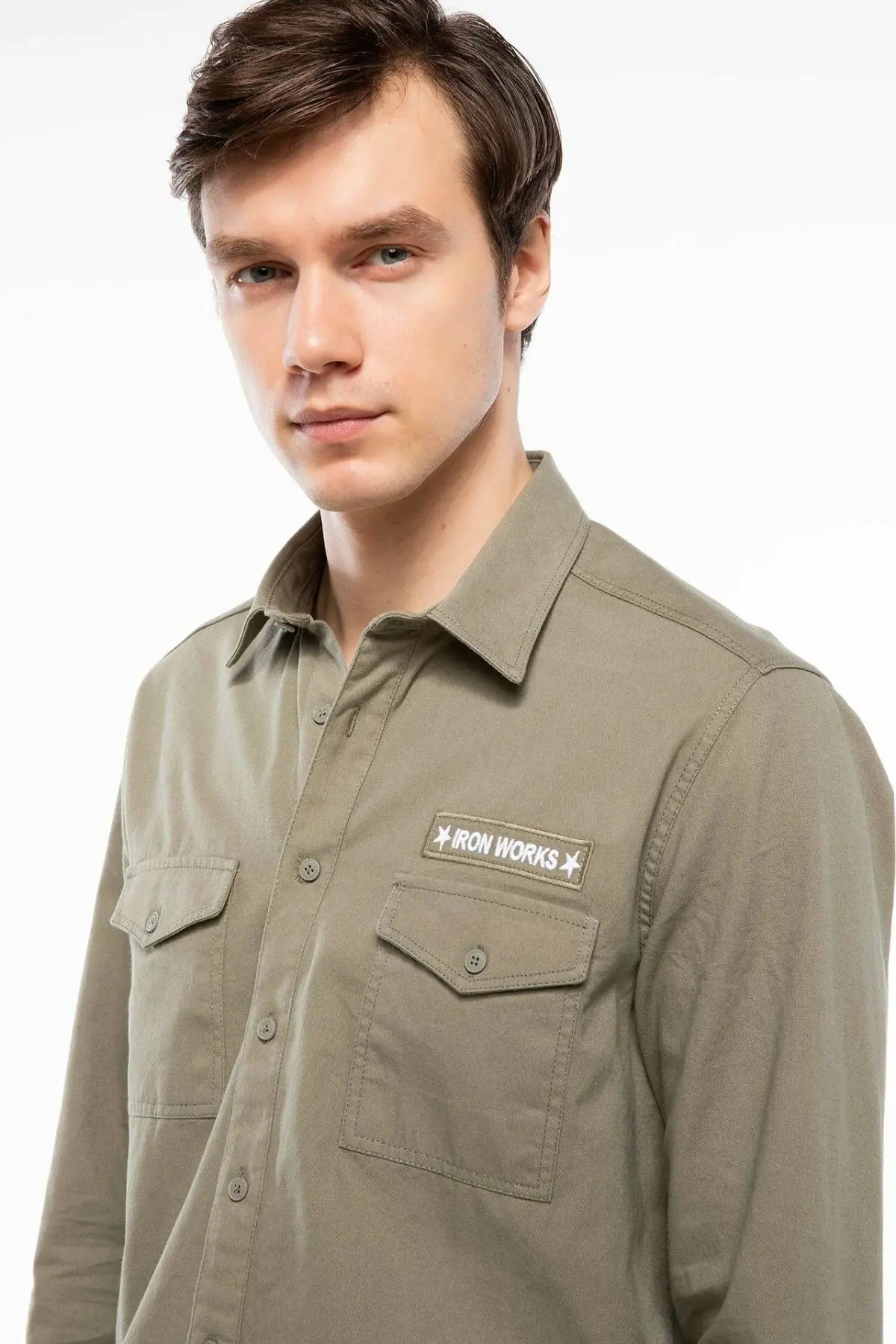 DeFacto Man Cool Army Green Tops Shirts Men Pockets Decors Casual Long Sleeve Shirt Male Autumn Shirts-J1538AZ18AU | Мужская одежда