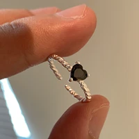 simple twist shape black zircon love heart rings for women new trend minimalist silver color open adjustable ring girls jewelry