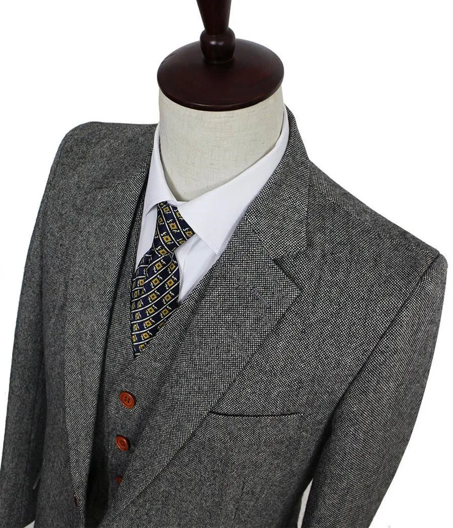 

2022 Winter Retro Gentleman Grey Classic Tweed Wedding Suits For Men Tailor Made Wool Slim Fit Groom 3 Piece Suit