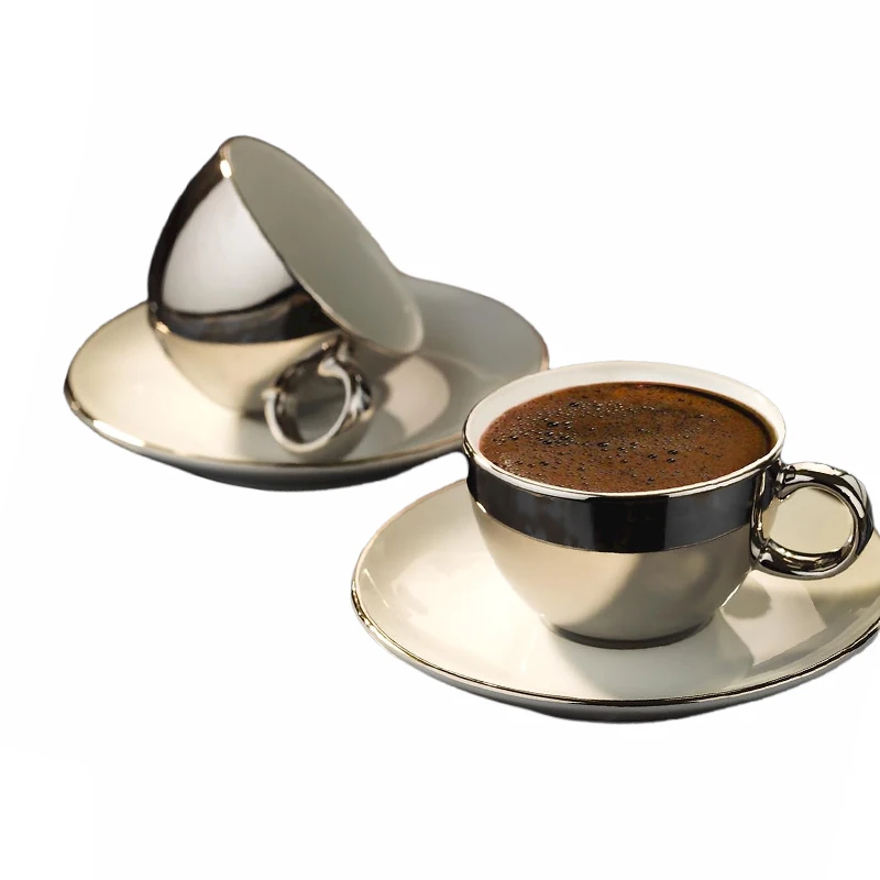 Kutahya Porcelain Zeugma Coffee Set Platinum Plated Turkish Coffee Espresso 2 Cups + 2 Saucers  Made in Turkey %100 Original