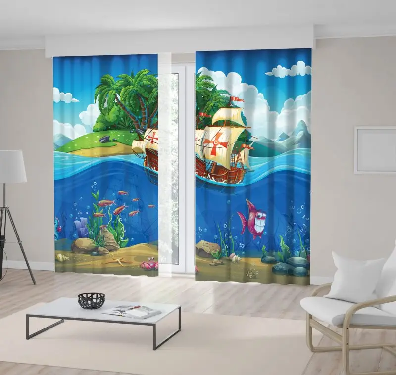 

Curtain Island Sailing Ship and Undersea World Fish Starfish Palm Trees Coulds Blue Green White