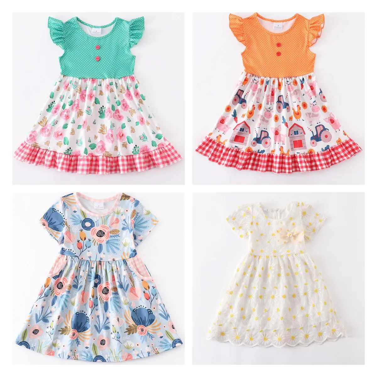 

Girlymax Summer Baby Girls Kids Clothing Milk Silk Ruffle Floral Farm Leopard DaisyPrint Dress Knee Length Short Sleeve