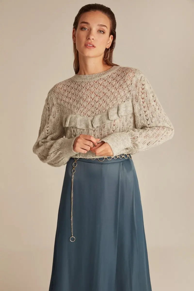 Женский серый джемпер с круглым вырезом и оборками Joinus Pointelle| |