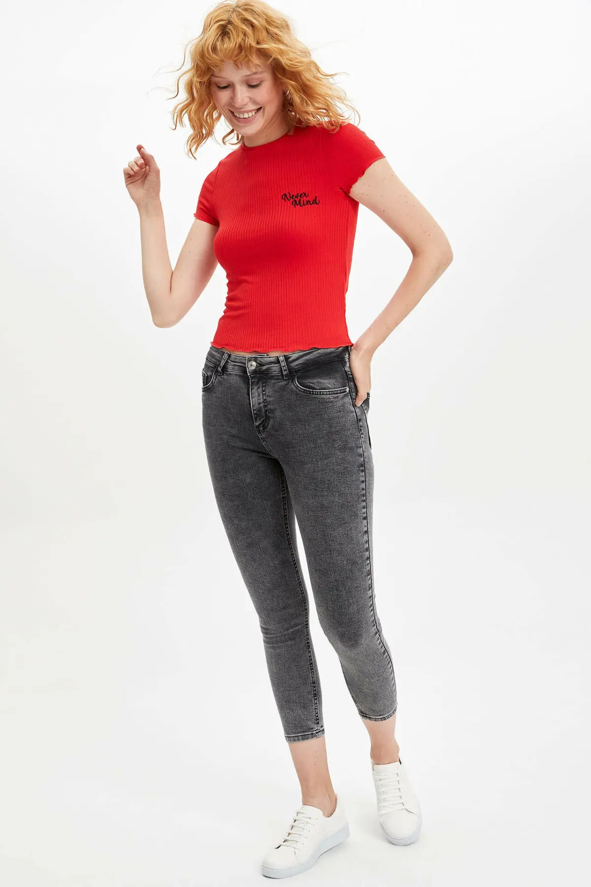 DeFacto новая женская мода Crewneck Топы женские повседневные тонкие красные с коротким