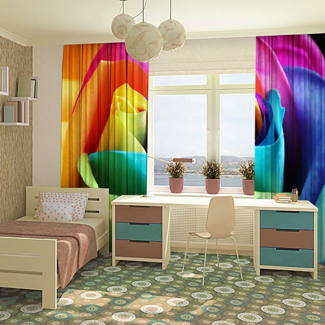 Занавеска Радуга Роза цветок на черном фоне природа цветы романтическое