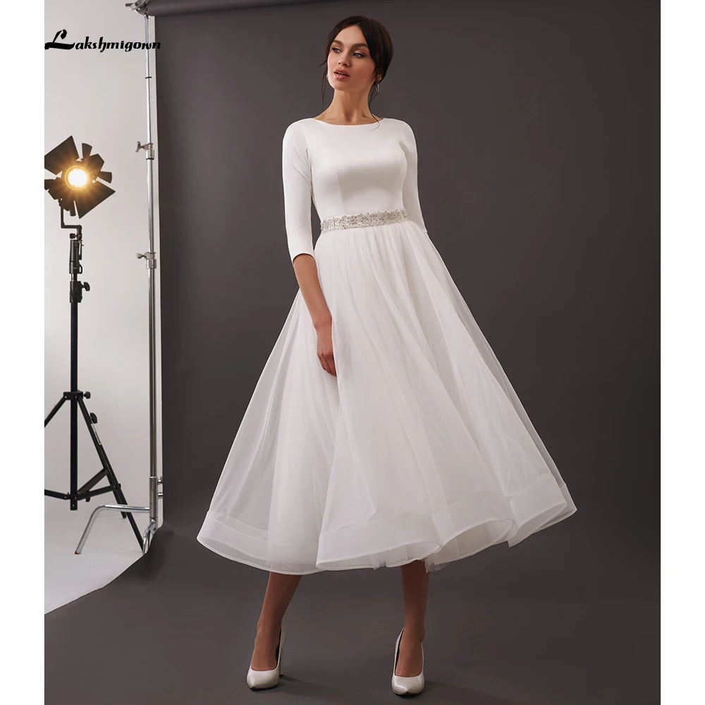 

Elegant Half Cap Sleeve Zipper O-Neck Satin Mid-Calf Beading Short A-LINE Wedding Dress 2022 Bridal Gown vestido de noiva