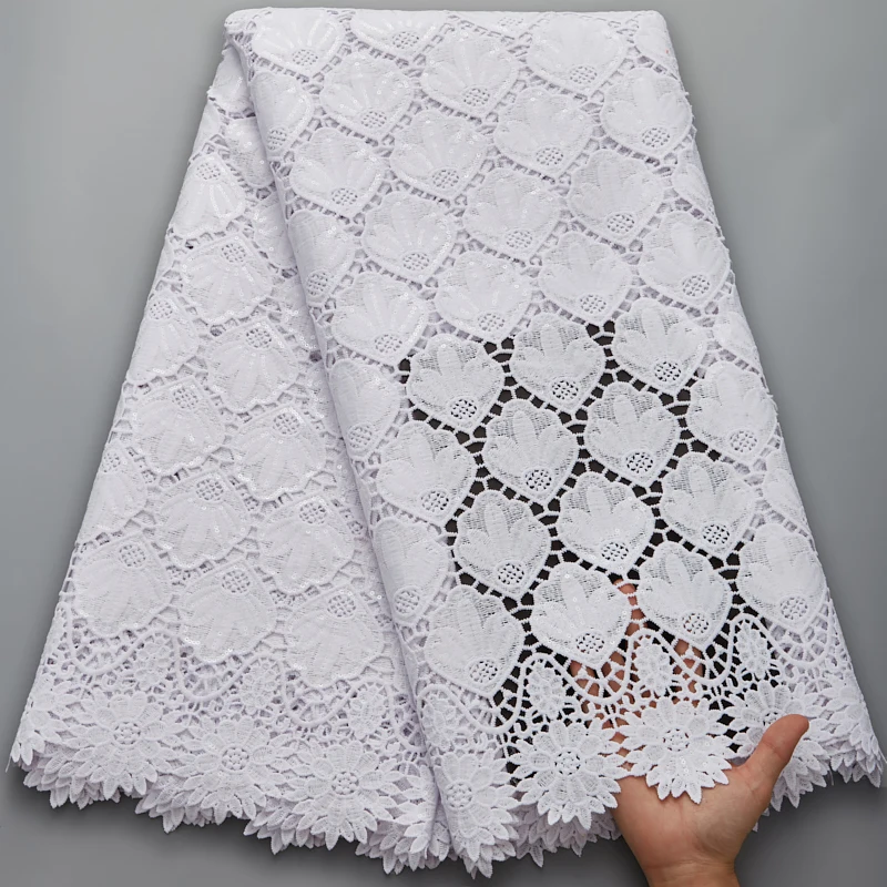 

Pure White African Laces Fabric With Sequins Water Soluble Milk Silk High Quality Guipure Cord Mesh For Wedding Party Sew 2683A