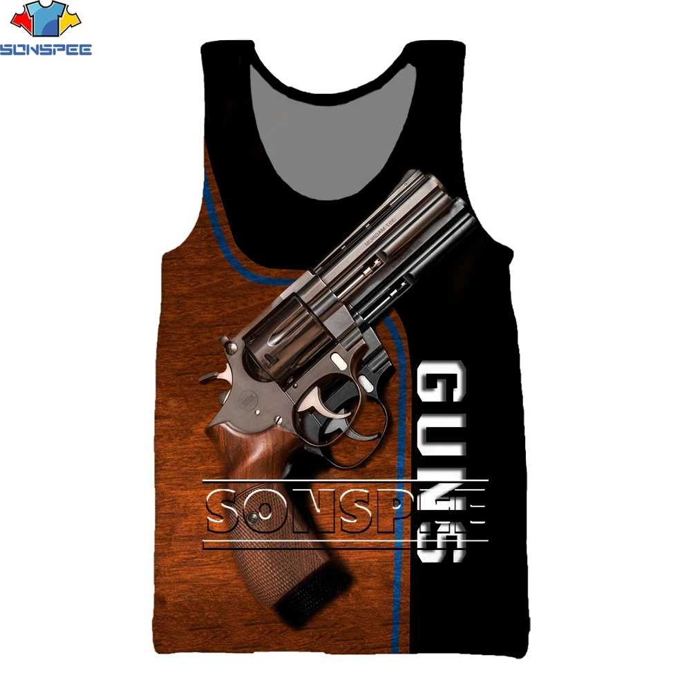 

SONSPEE Wooden Retro Pistol Gun Men's 3D Vest Fun Tank Top Harajuku O-Neck Sleeveless Street Brand Summer Vest Vintage Clothing