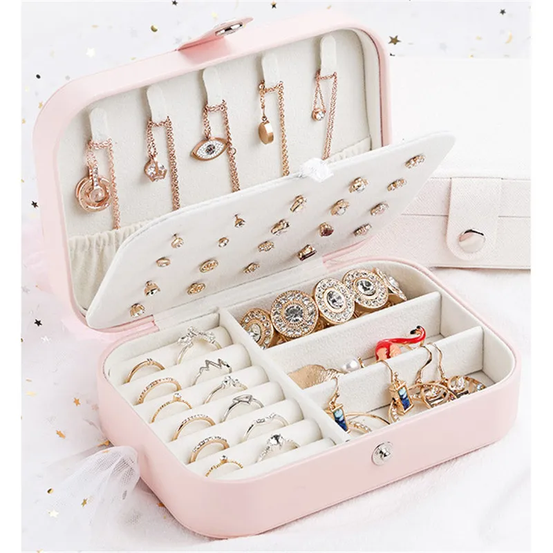 

Portable Jewelry Box Necklace Storage Case Cabinet Armoire Display Travel Jewelry Case Button Leather Storage Zipper Jewelers