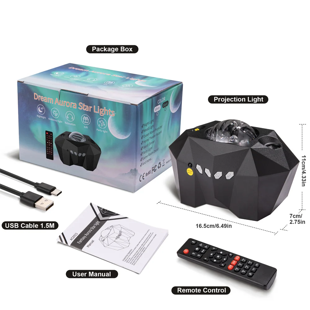 

Galaxy Light Projector Color Changing Aurora Ocean Wave LED Night Light Music Wave With Bluetooth Music Remote Control Projector