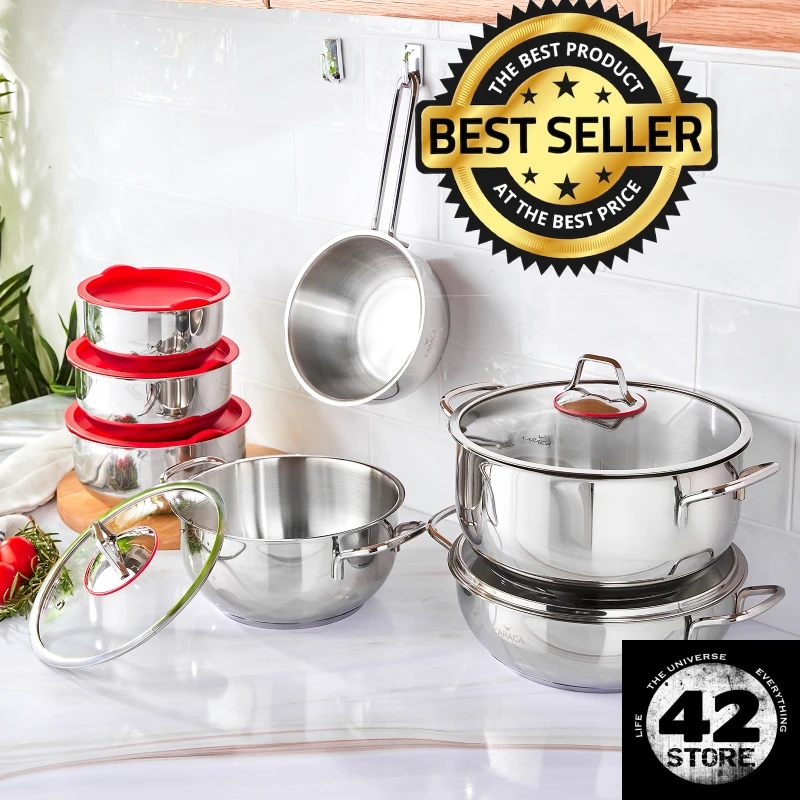 

Karaca Cookware Set Cook Hide 13 Pieces Steel Red High Quality