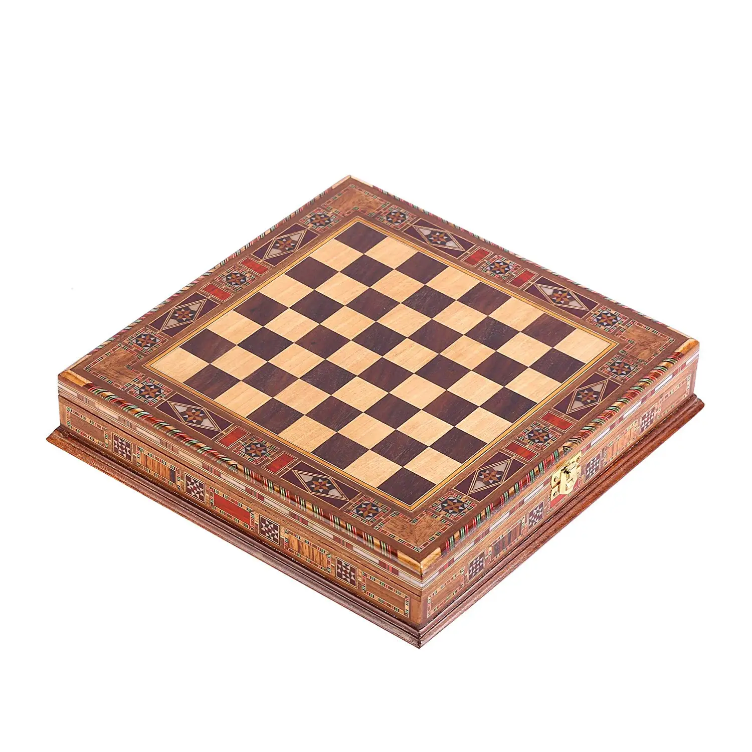 Classic Chess Set Handmade Pieces Natural Solid Wooden Board with Pearl Design Around and Storage Inside King 7 cm |
