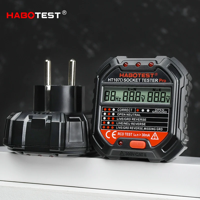 HABOTEST Socket Tester PRO HT107 UK EU Plug RCD 30mA Socket Voltage Detector Ground Zero Circuit Plug Polarity Phase Check Meter