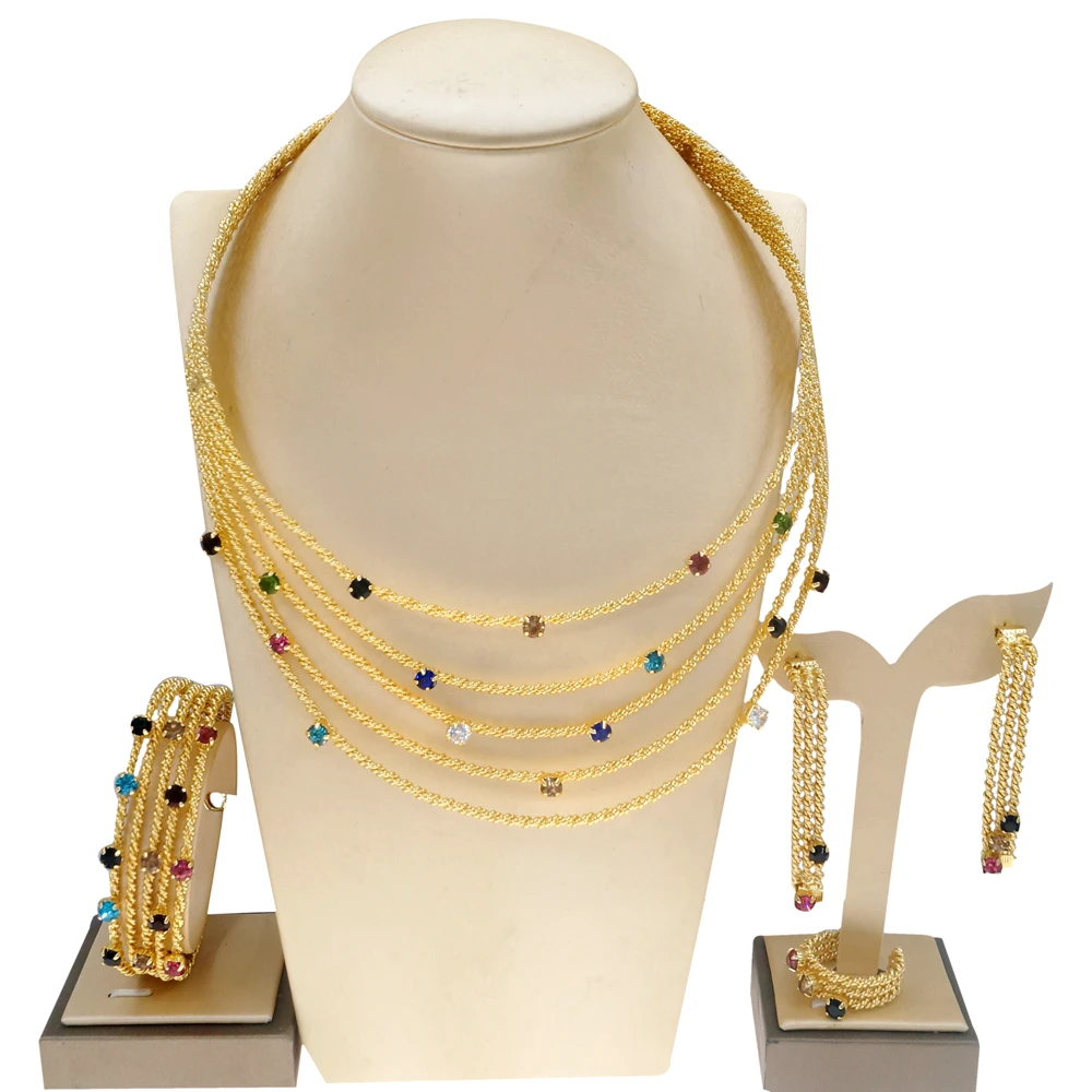Yulaili Latest Exquisite Brazilian Gold Plated Wedding Jewelry Set Gold Plated Bridal Big Color Necklace Jewelry Sets