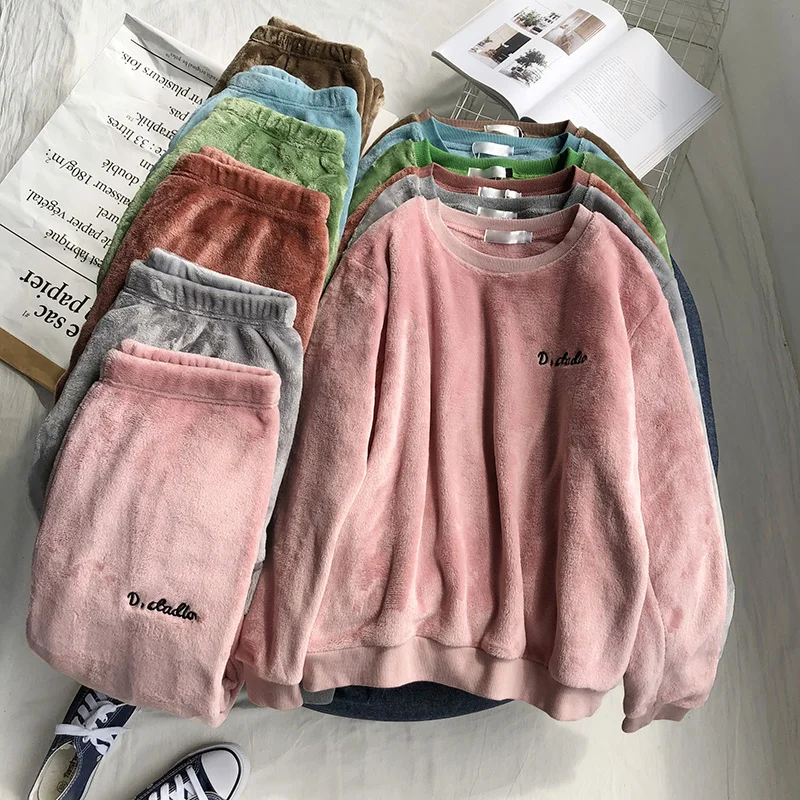 

Obrix Fluffy Embroidery Female O-Neck Full Sleeve Loose Pullover Mid Elastic Waist Regular Pants Home Two PiecesSet