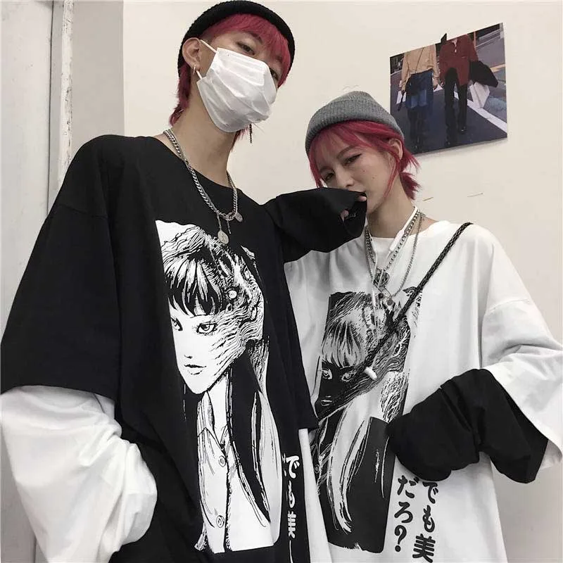 31774white NiceMix Harajuku футболка женская поддельная 2 шт. принт японский Fujiang Ужасы комиксы длинный рукав рубашка Женская Vetement Femme - Цвет: 31774white