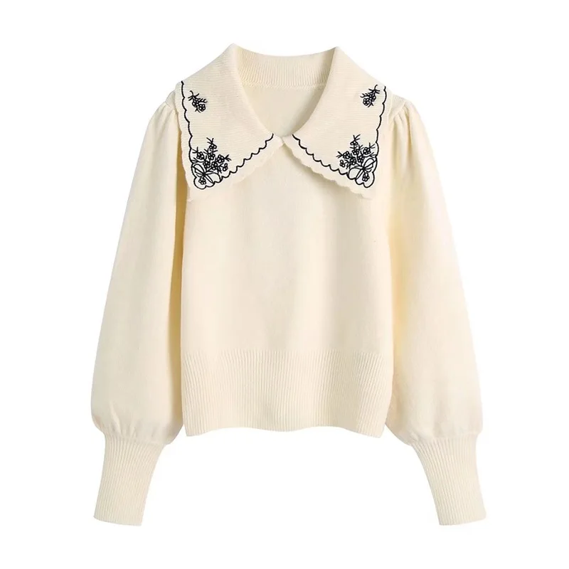 

ZXQJ 2022 Women Fashion Neckline Embroidery Knit Sweater Vintage Peter Pan Collar Long Sleeve Female Pullovers Chic Tops
