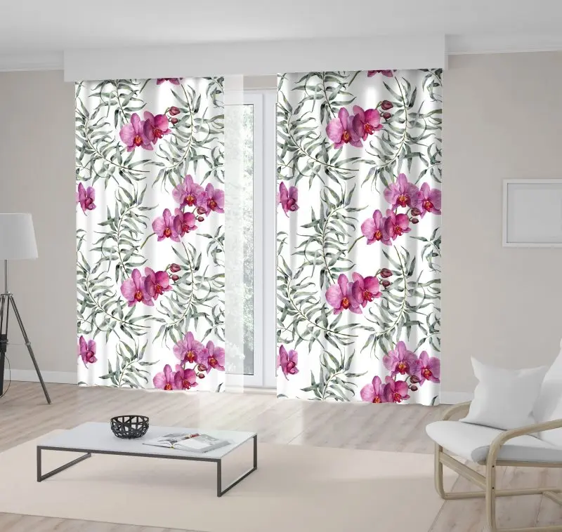 

Curtain Eucalyptus and Orchids Exotic Flowers Plants Branches Leaves Watercolor Tropic Pattern Printed Pink Green