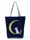 Мультяшные сумочки с милым котом, модные экологически чистые многоразовые сумки для покупок, вместительная черная крутая стильная женская сумка через плечо с изображением Луны и животного