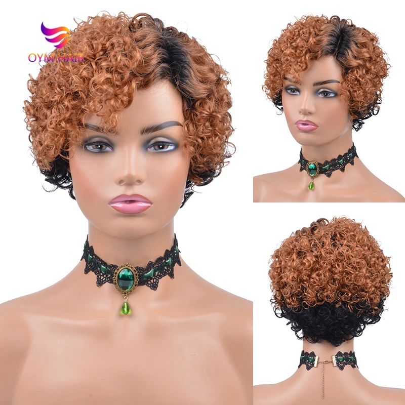

Brazilian Short Bob Wigs Left Side Part Lace Wigs Ombre T1b/30 Curly Pixie Cut Wig Human Hair For Women Remy Hair 150% Density