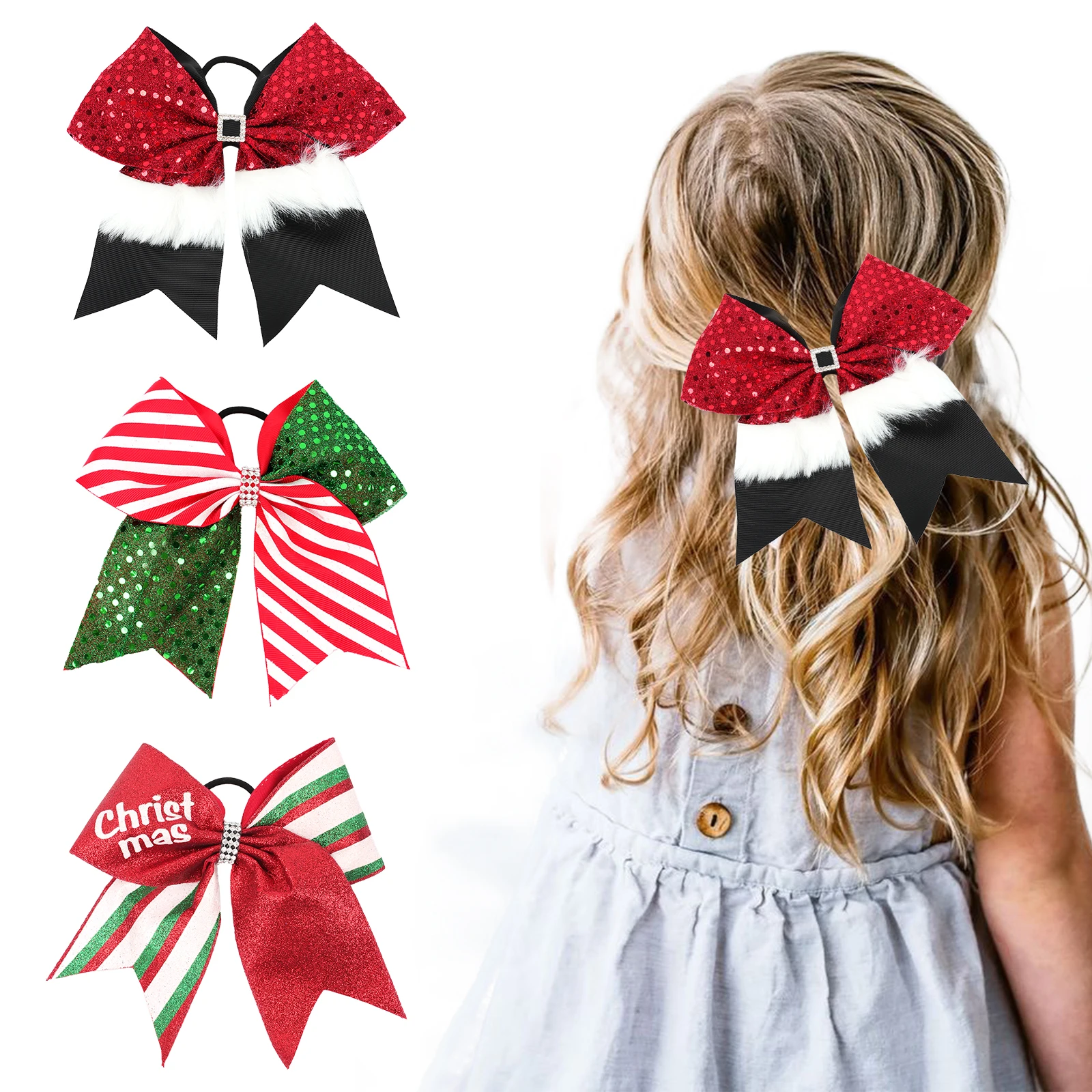 

Christmas 7'' Big Bows Hair Ring Sequins Hair Ties Rope Ponytail Hair Accessories Hairbands Gift Ornament Headband
