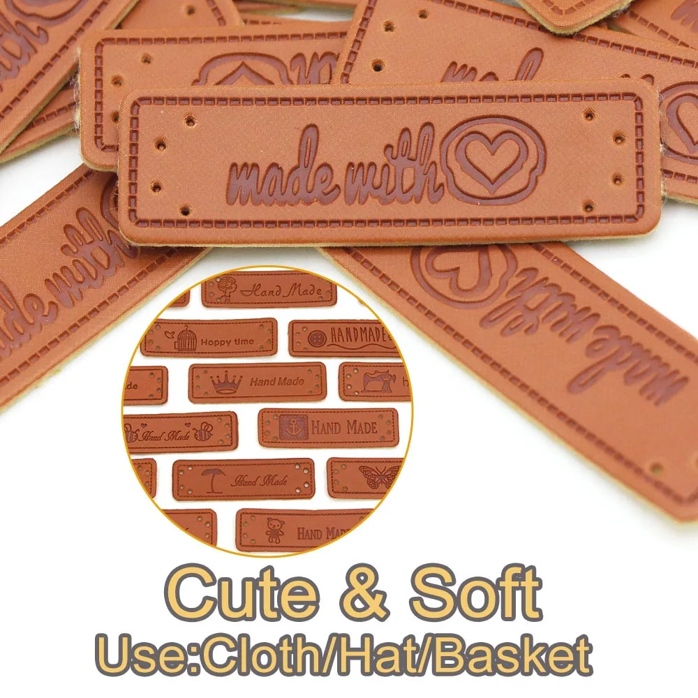 50Pcs Labels Cartoon Pattern Handmade Label Brown PU Leather For Clothes 51x16MM Hand Made Clothing Tag Sew Accessories | Дом и сад