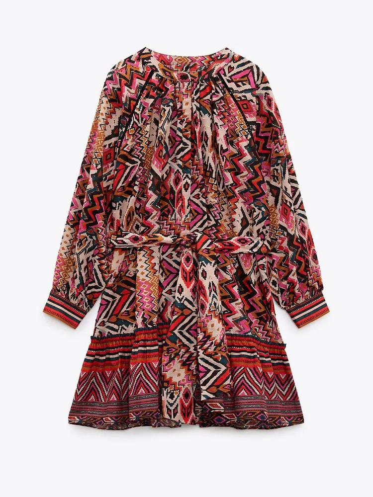 

Zach AiIsa spring and summer new women's retro ethnic style tie-waist round neck long-sleeved holiday style short dress
