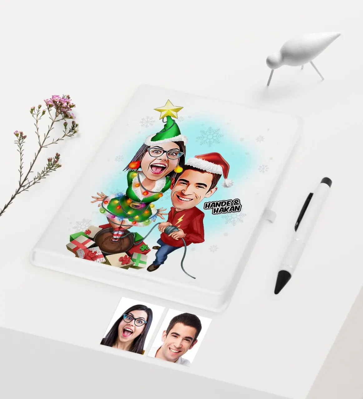 

Personalized Christmas Theme Valentine Caricature Of White Notebook Pen set-1