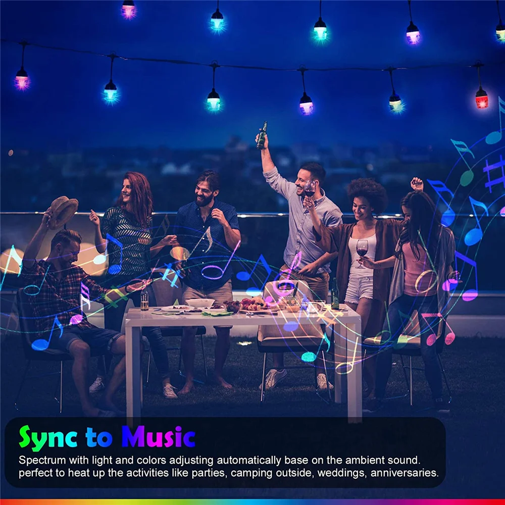 

12 LED RGB outdoor String Lights IP65 With RemoteSync to Music,Patio Lights for Garden Wedding Party,Backyard Caf Porch
