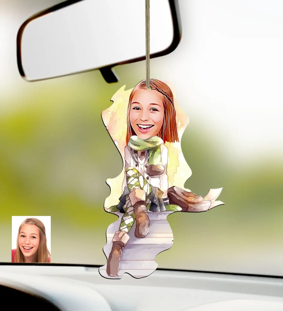 

Personalized Women 'S Caricature Of Wood Car Rearview Mirror Süsü-17