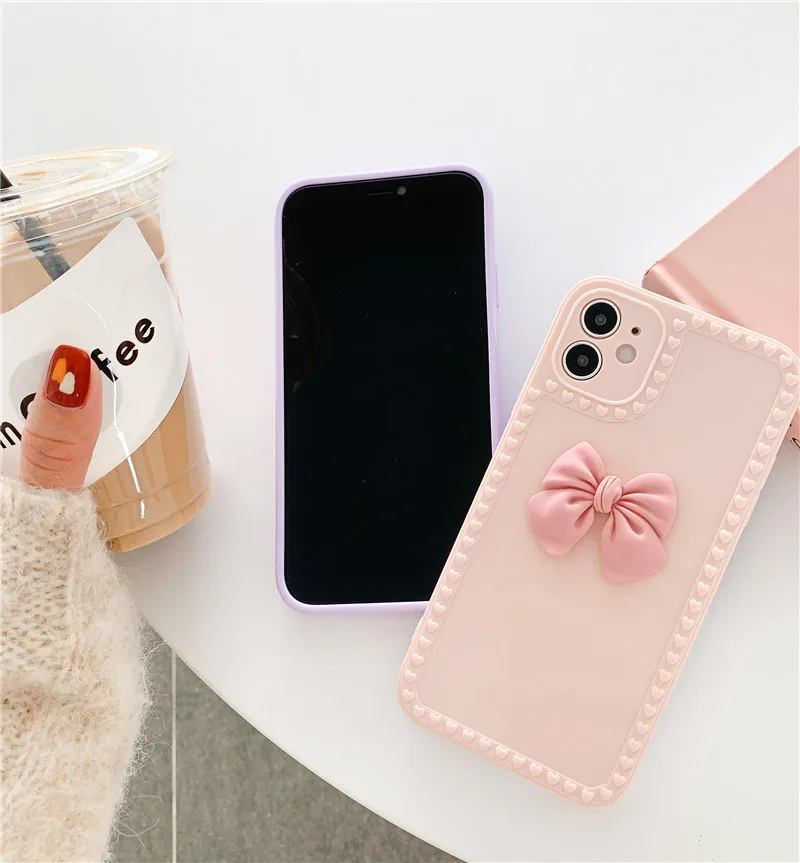 

Love Same Color Bow Phone Case For iPhone 12 MiNi 11 Pro Max X XR XS Max 7 8 Plus Shockproof Fashion Soft TPU Silicone Cover