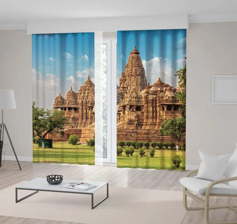 

Curtain Kandariya Mahadev Temple, Khajuraho, India Unesco World Heritage Site Landmark Gold Green Blue
